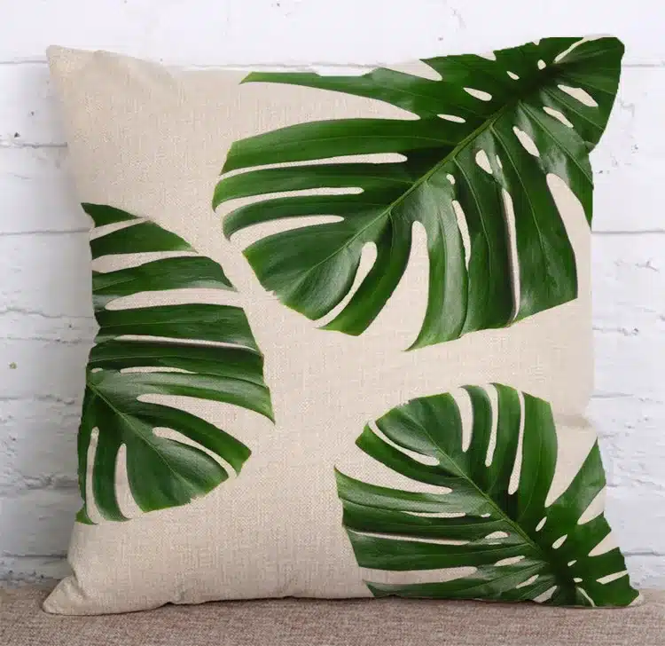 KYYZROZZZ Tropical Plants Green Leaves Monstera Cushion Covers Hibiscus Flower Cushion Cover Decorative Beige Linen Pillow Case 22