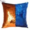 Litritega padjakatted 40x40 cm kahevärvilises oranžis ja sinises toonis, sädelevad litrid annavad padjakatele elegantse ja mängulise välimuse. Sobib igale koduinterjöörile lisades luksust ja mugavust.