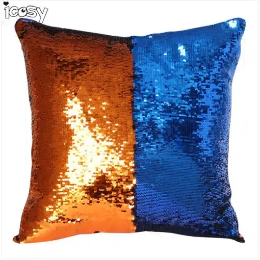 Litritega padjakatted 40x40 cm kahevärvilises oranžis ja sinises toonis, sädelevad litrid annavad padjakatele elegantse ja mängulise välimuse. Sobib igale koduinterjöörile lisades luksust ja mugavust.