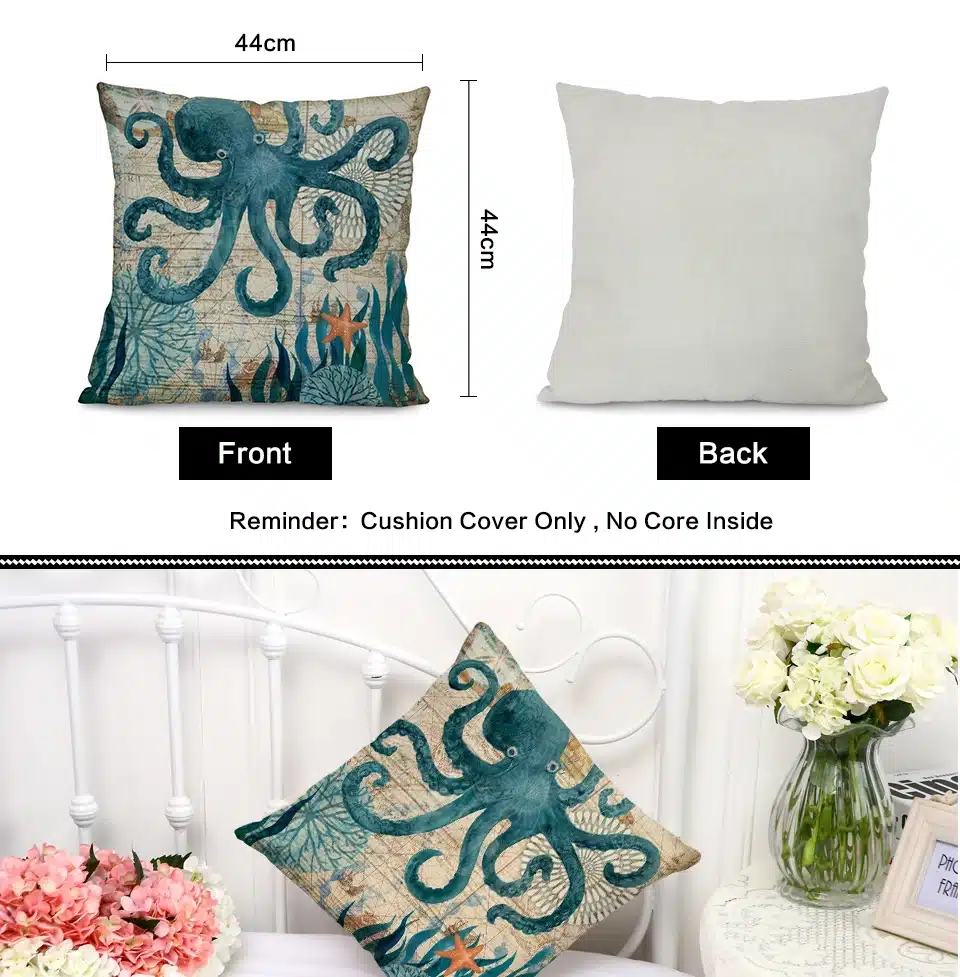 Miracille Sea Turtle Printed Cotton Linen Cushion Cover Marine Ocean Sea Horse Home Decor Pillowcase Octopus Sofa Cushion Case 12
