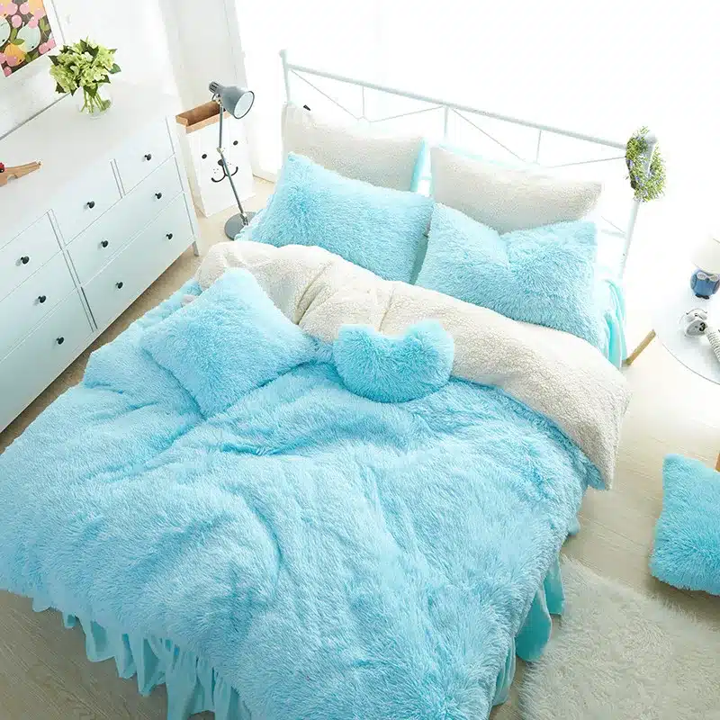 White Blue Princess Girls Bedding set Thick Fleece Warm Winter Bed set King Queen Twin size Duvet cover Pillow Cover Bed skirt 29