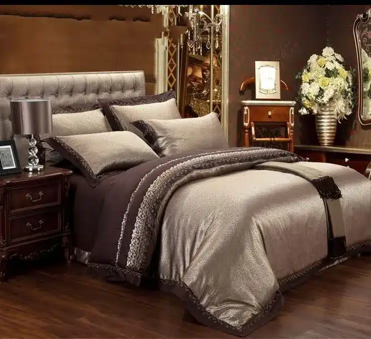 Jacquard Silk bedding set queen king 6/4pcs Brown Embroidered Home Textile Satin duvet/quilt cover bed sheet bedclothes cotton 9