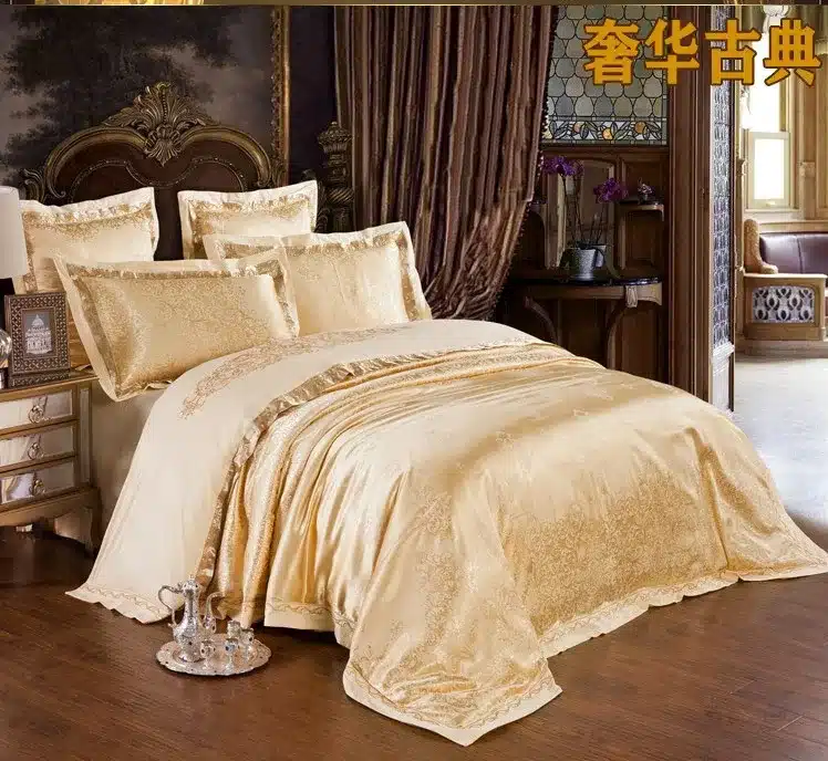 Jacquard Silk bedding set queen king 6/4pcs Brown Embroidered Home Textile Satin duvet/quilt cover bed sheet bedclothes cotton 19