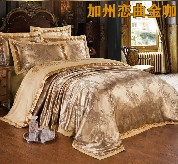 Jacquard Silk bedding set queen king 6/4pcs Brown Embroidered Home Textile Satin duvet/quilt cover bed sheet bedclothes cotton 32