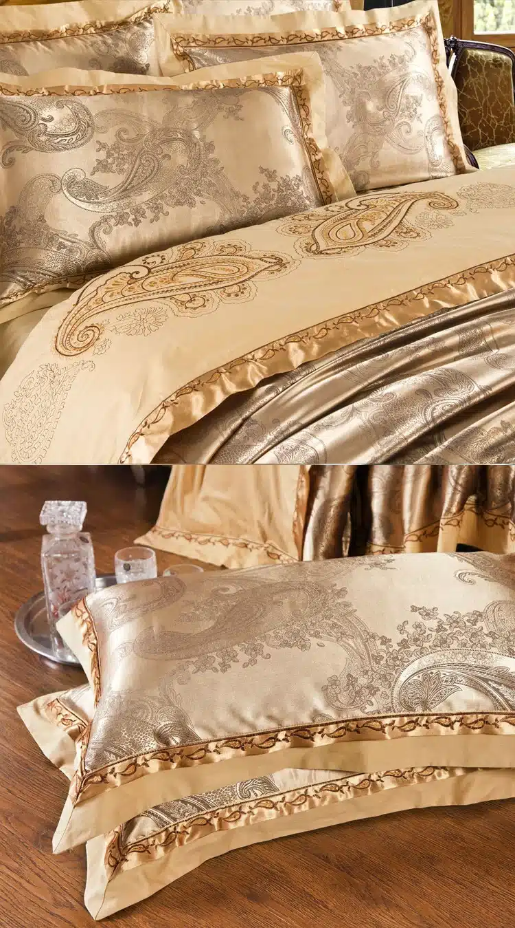 Jacquard Silk bedding set queen king 6/4pcs Brown Embroidered Home Textile Satin duvet/quilt cover bed sheet bedclothes cotton 33