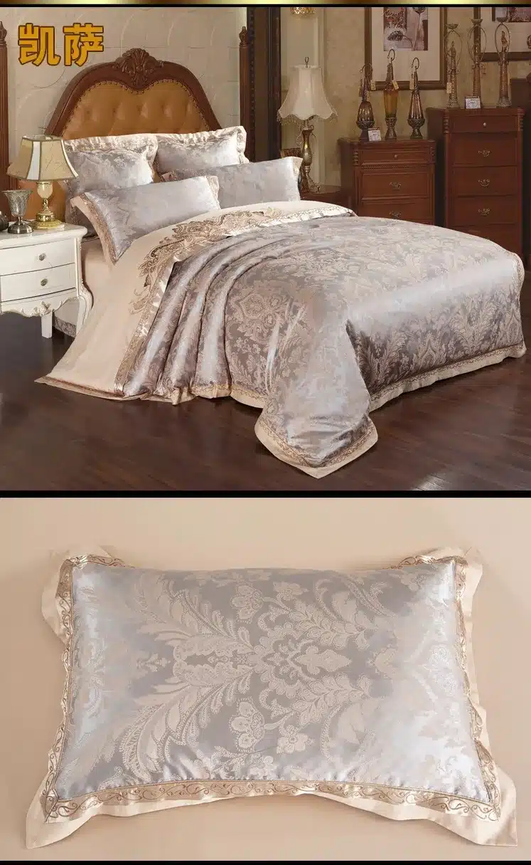 Jacquard Silk bedding set queen king 6/4pcs Brown Embroidered Home Textile Satin duvet/quilt cover bed sheet bedclothes cotton 35
