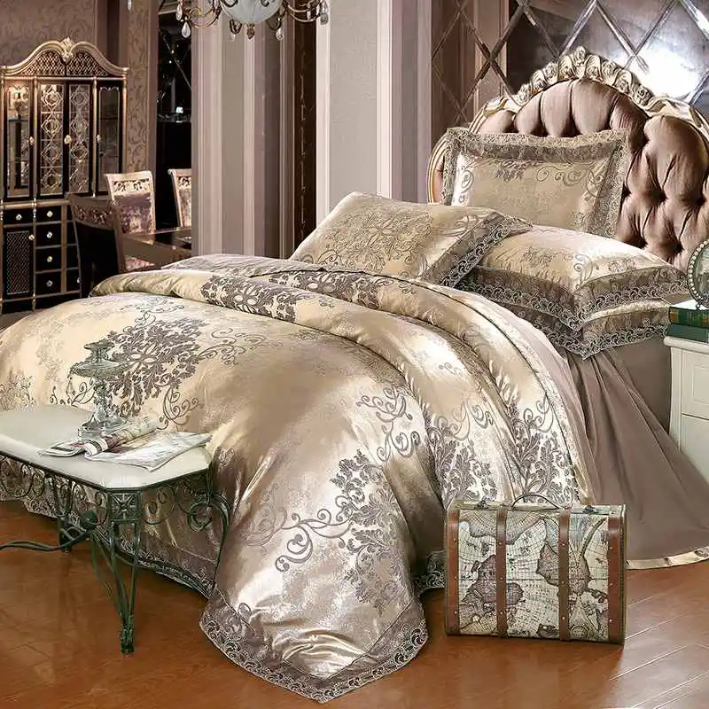 4Pcs Jacquard Silk/Cotton Bedding Set Luxury Bed Set King Queen Size Lace Satin Duvet Cover Bed Sheet literie Pillowcase 10