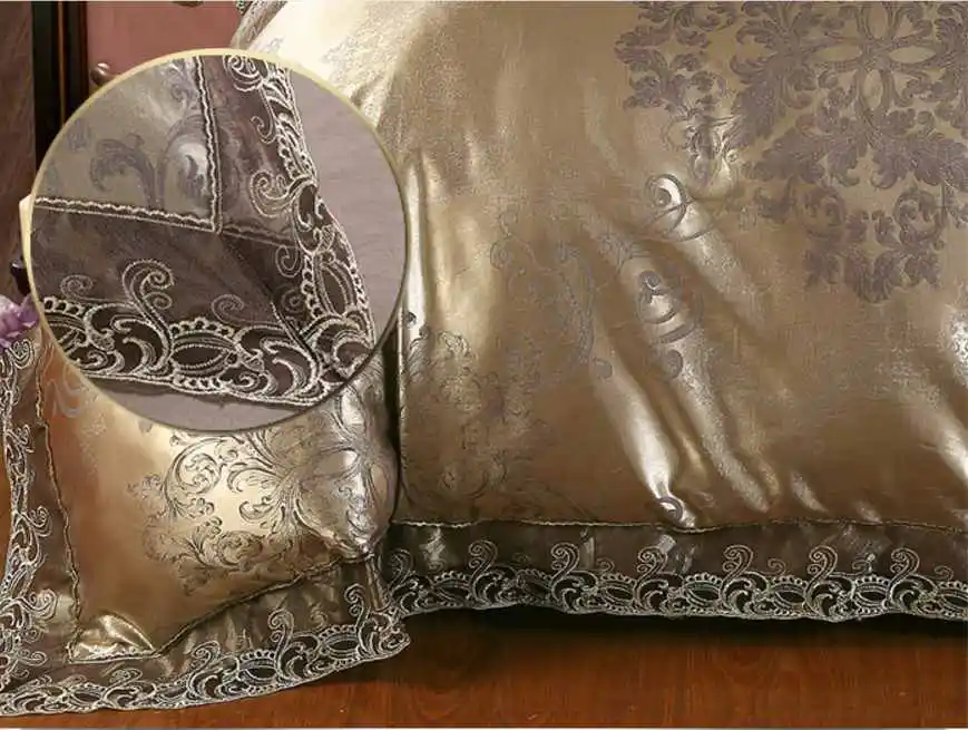 4Pcs Jacquard Silk/Cotton Bedding Set Luxury Bed Set King Queen Size Lace Satin Duvet Cover Bed Sheet literie Pillowcase 12