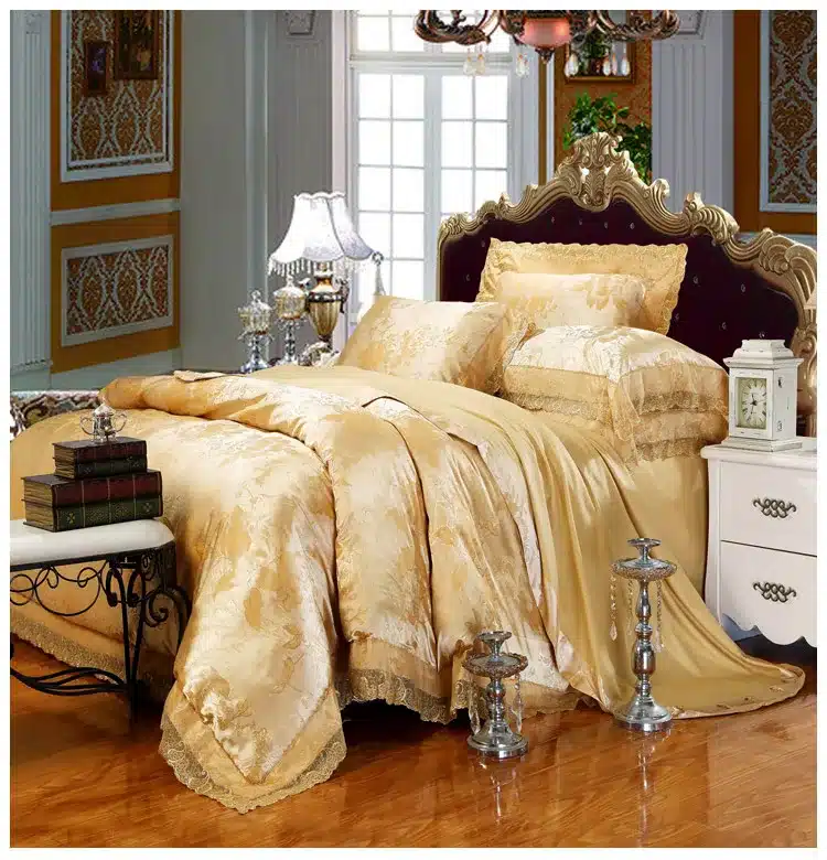 4Pcs Jacquard Silk/Cotton Bedding Set Luxury Bed Set King Queen Size Lace Satin Duvet Cover Bed Sheet literie Pillowcase 16
