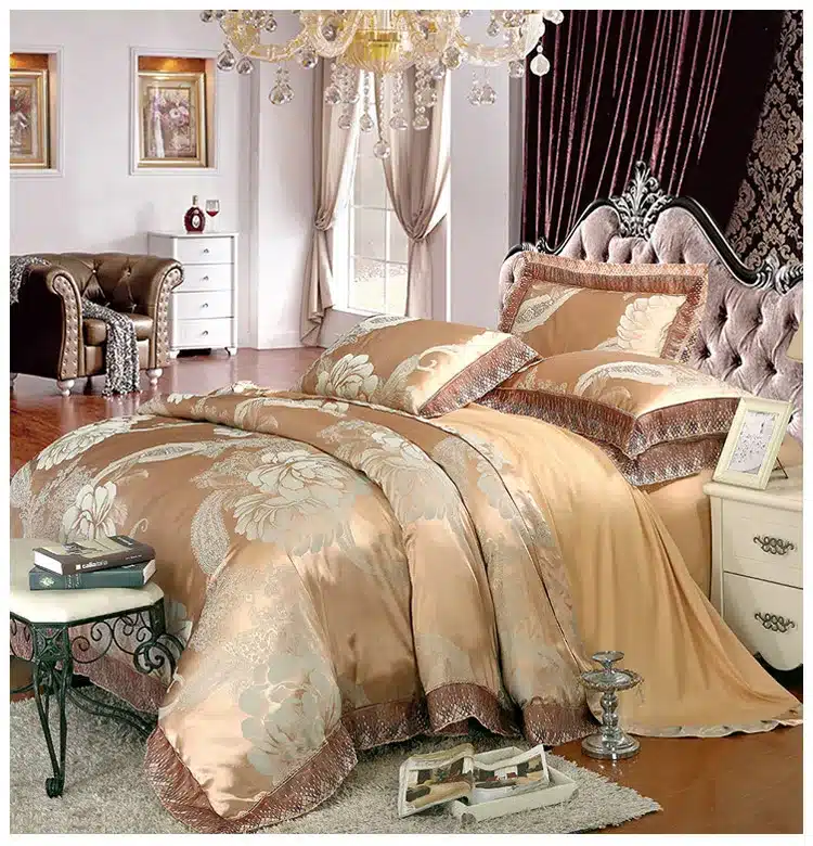 4Pcs Jacquard Silk/Cotton Bedding Set Luxury Bed Set King Queen Size Lace Satin Duvet Cover Bed Sheet literie Pillowcase 18