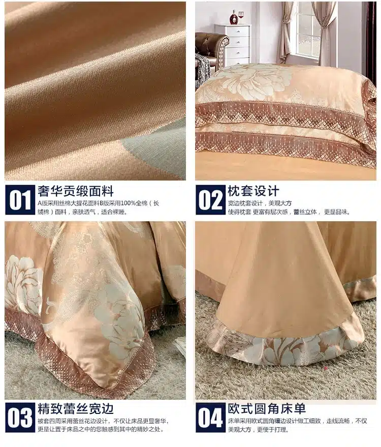 4Pcs Jacquard Silk/Cotton Bedding Set Luxury Bed Set King Queen Size Lace Satin Duvet Cover Bed Sheet literie Pillowcase 19