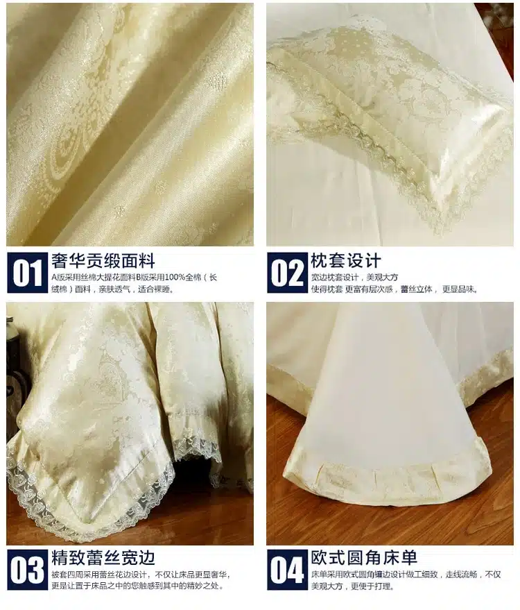 4Pcs Jacquard Silk/Cotton Bedding Set Luxury Bed Set King Queen Size Lace Satin Duvet Cover Bed Sheet literie Pillowcase 23