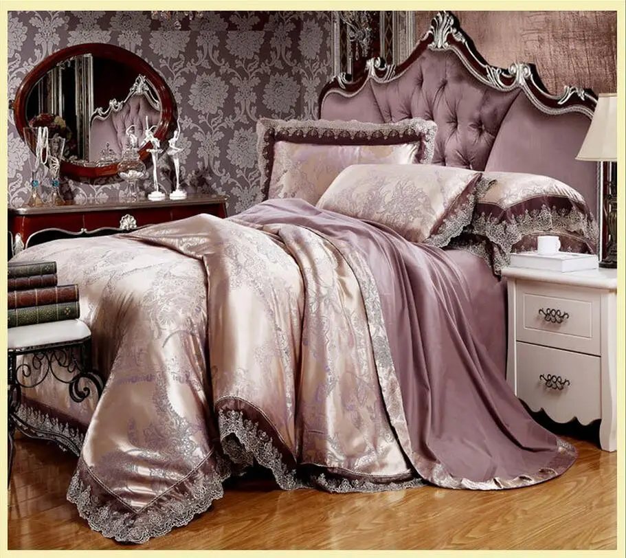 4Pcs Jacquard Silk/Cotton Bedding Set Luxury Bed Set King Queen Size Lace Satin Duvet Cover Bed Sheet literie Pillowcase 24