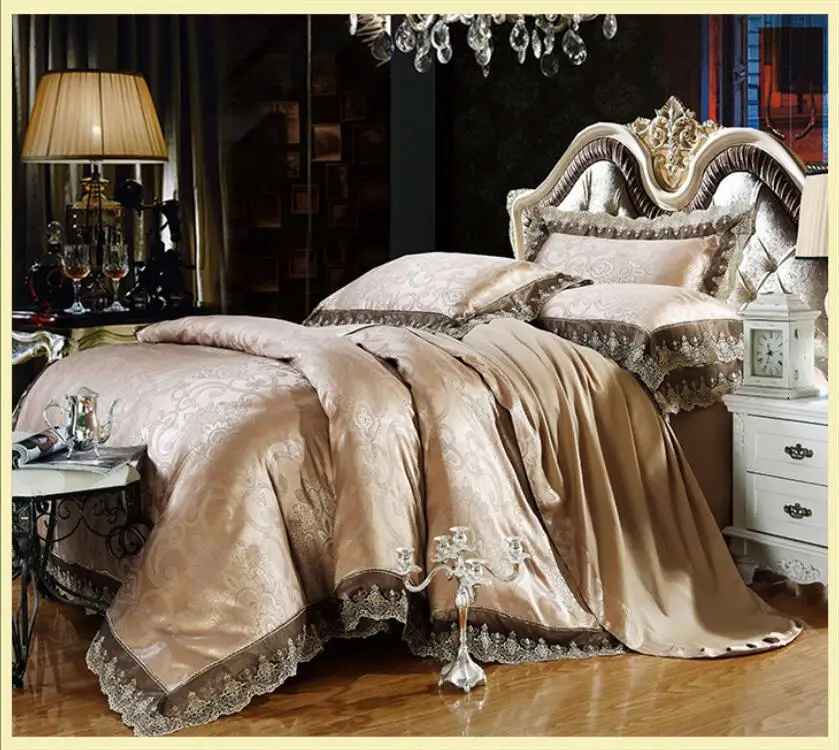 4Pcs Jacquard Silk/Cotton Bedding Set Luxury Bed Set King Queen Size Lace Satin Duvet Cover Bed Sheet literie Pillowcase 26