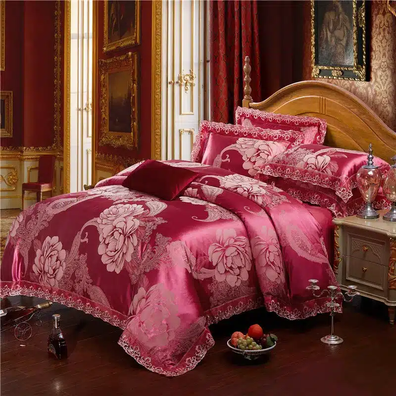 4Pcs Jacquard Silk/Cotton Bedding Set Luxury Bed Set King Queen Size Lace Satin Duvet Cover Bed Sheet literie Pillowcase 28