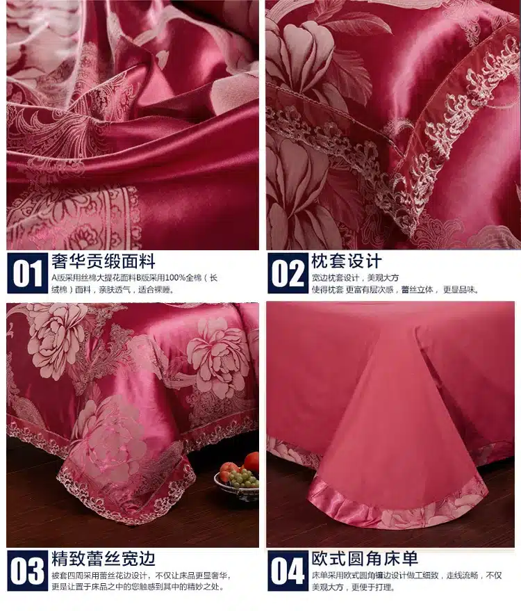 4Pcs Jacquard Silk/Cotton Bedding Set Luxury Bed Set King Queen Size Lace Satin Duvet Cover Bed Sheet literie Pillowcase 29