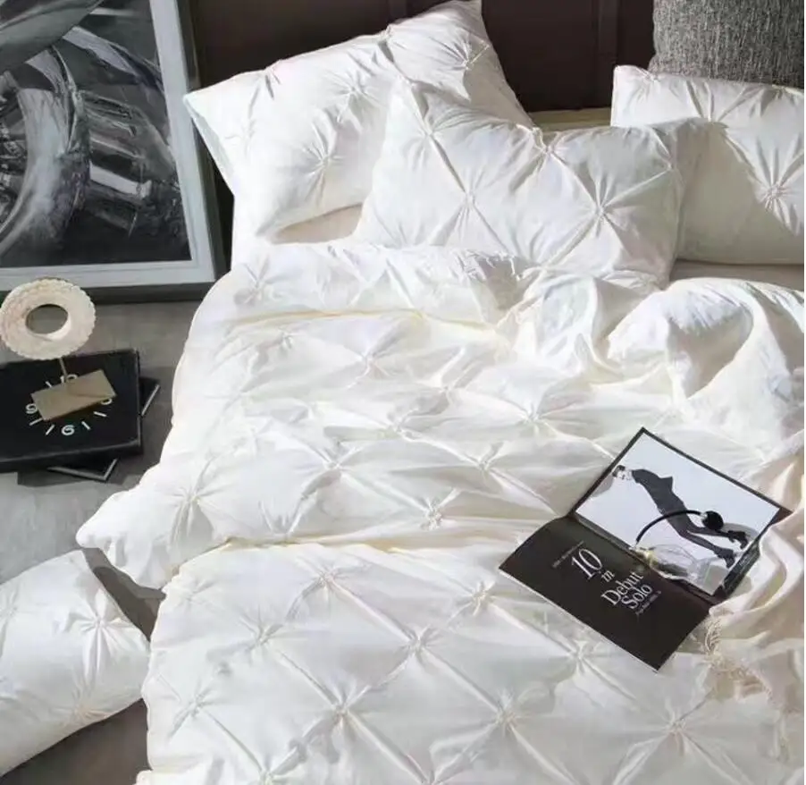 Pink Hand-made Bedding Set King Queen Size 4pcs Luxury Solid Color Satin Silk/Cotton Bed Set Duvet Cover Bed Linen Home Textile 16