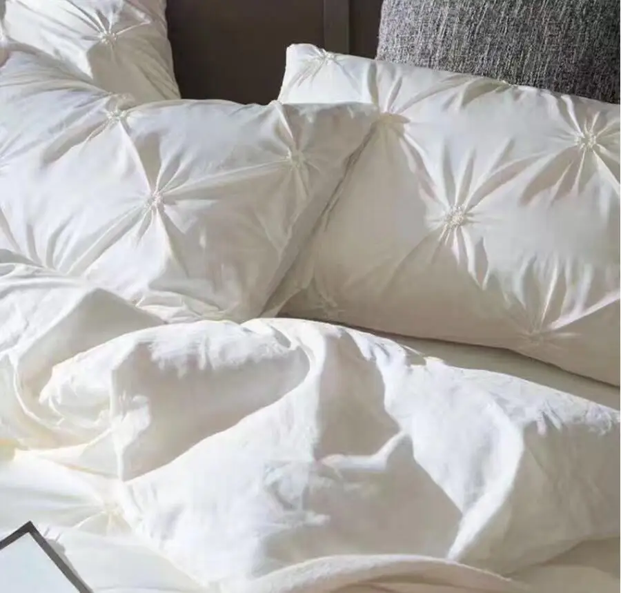 Pink Hand-made Bedding Set King Queen Size 4pcs Luxury Solid Color Satin Silk/Cotton Bed Set Duvet Cover Bed Linen Home Textile 17