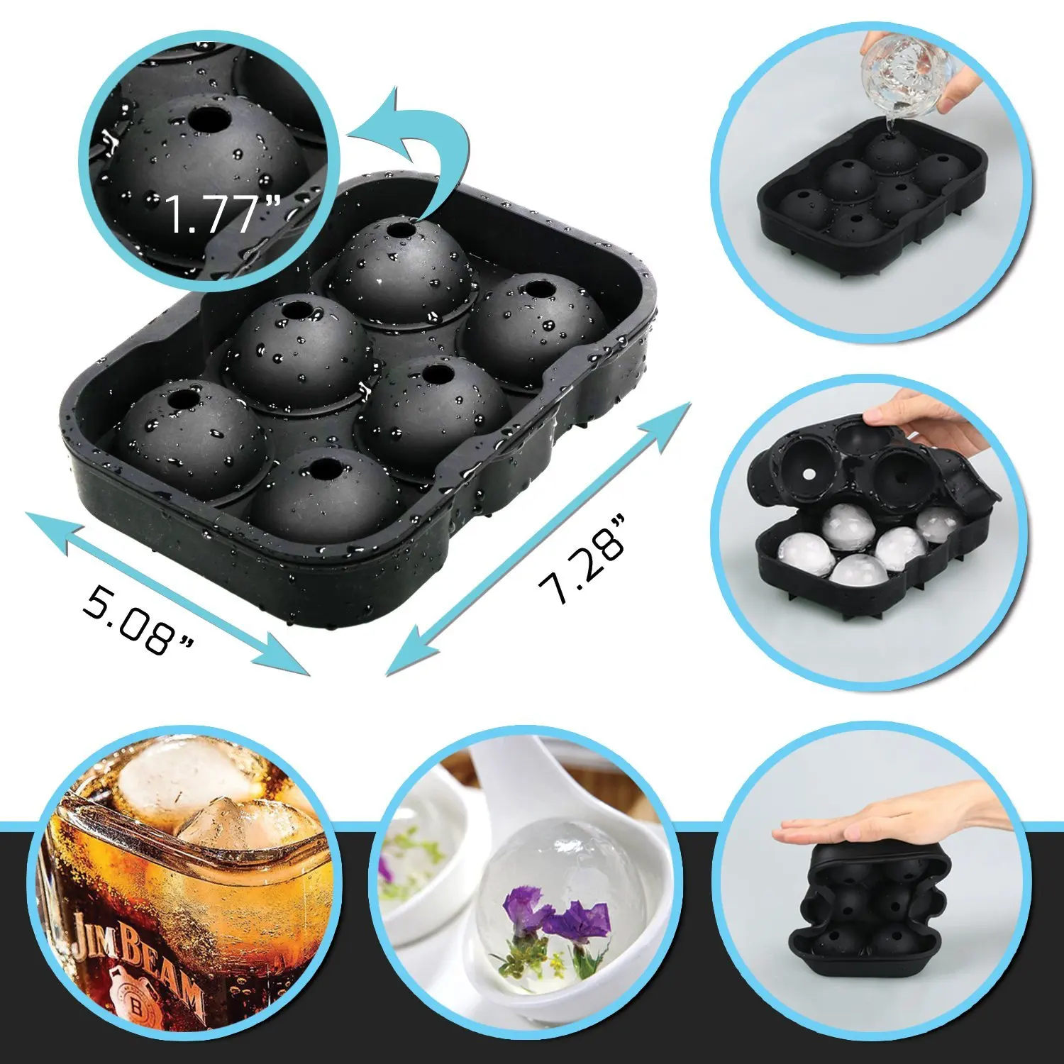 2PCS Frozen 6 Silicone Ice Ball 6 Square Ice Cube Trays Silicone Sphere Ice Mold Form Ball Maker Black TW-010 17