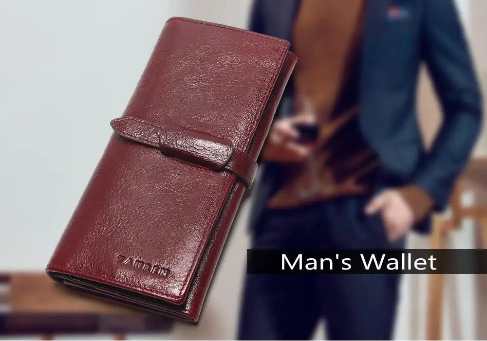 Tauren Retro Wine Red Color Wallets 100% Genuine Cowhide Leather High Quality Women Long Wallet Coin Purse Vintage Designer Male 8