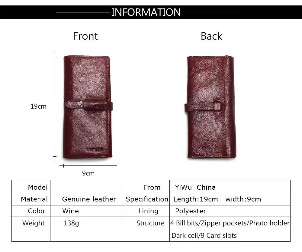 Tauren Retro Wine Red Color Wallets 100% Genuine Cowhide Leather High Quality Women Long Wallet Coin Purse Vintage Designer Male 9
