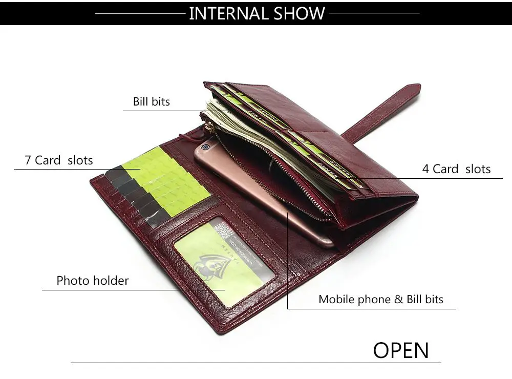 Tauren Retro Wine Red Color Wallets 100% Genuine Cowhide Leather High Quality Women Long Wallet Coin Purse Vintage Designer Male 10