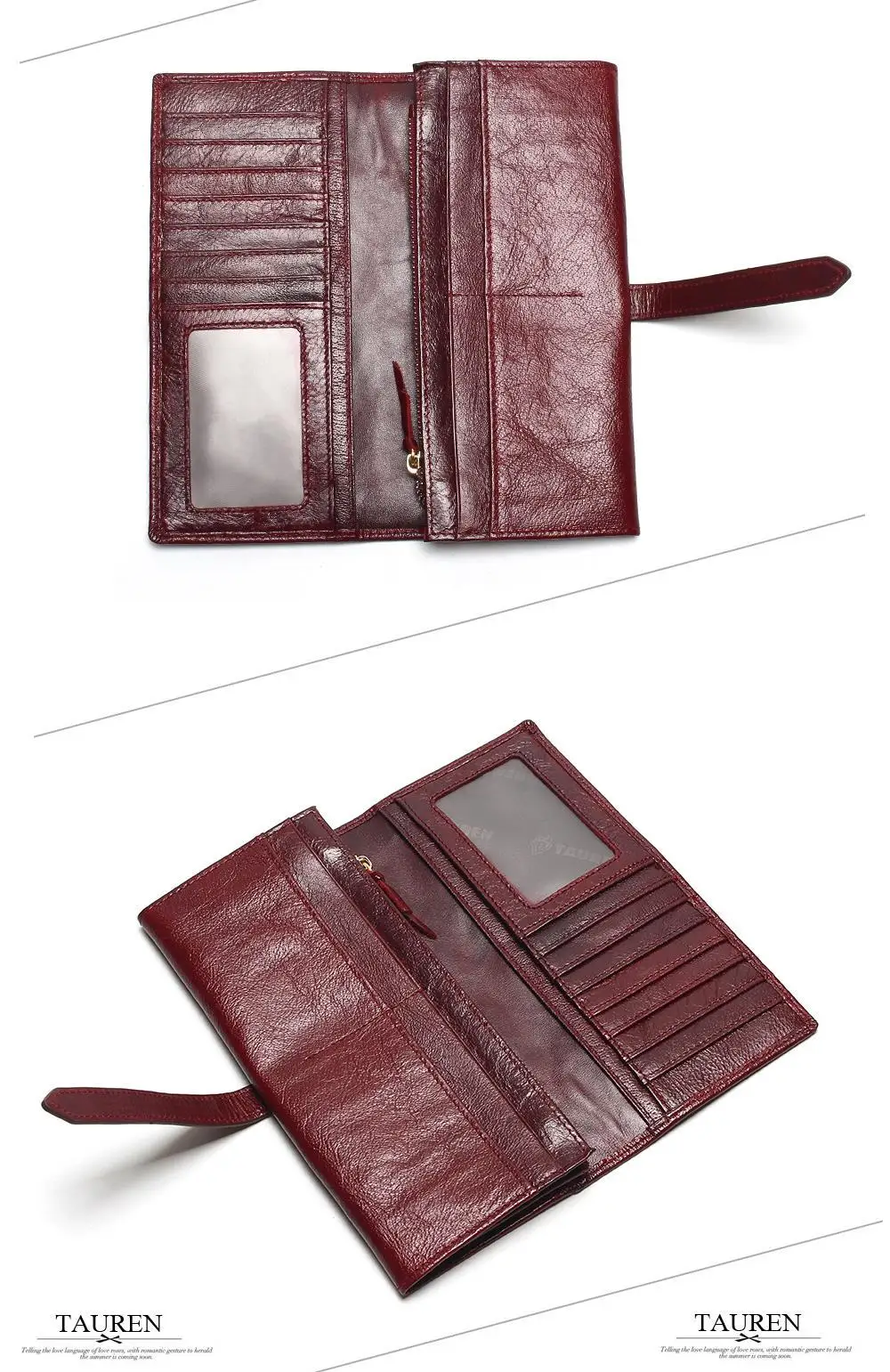 Tauren Retro Wine Red Color Wallets 100% Genuine Cowhide Leather High Quality Women Long Wallet Coin Purse Vintage Designer Male 12