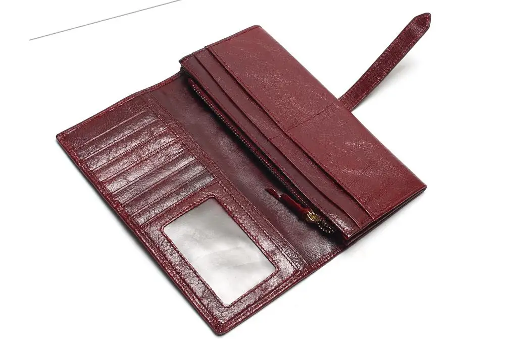Tauren Retro Wine Red Color Wallets 100% Genuine Cowhide Leather High Quality Women Long Wallet Coin Purse Vintage Designer Male 13