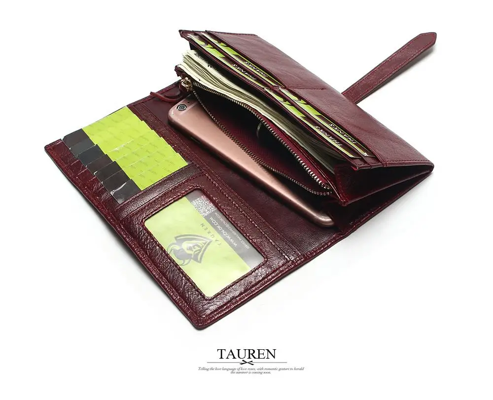 Tauren Retro Wine Red Color Wallets 100% Genuine Cowhide Leather High Quality Women Long Wallet Coin Purse Vintage Designer Male 16