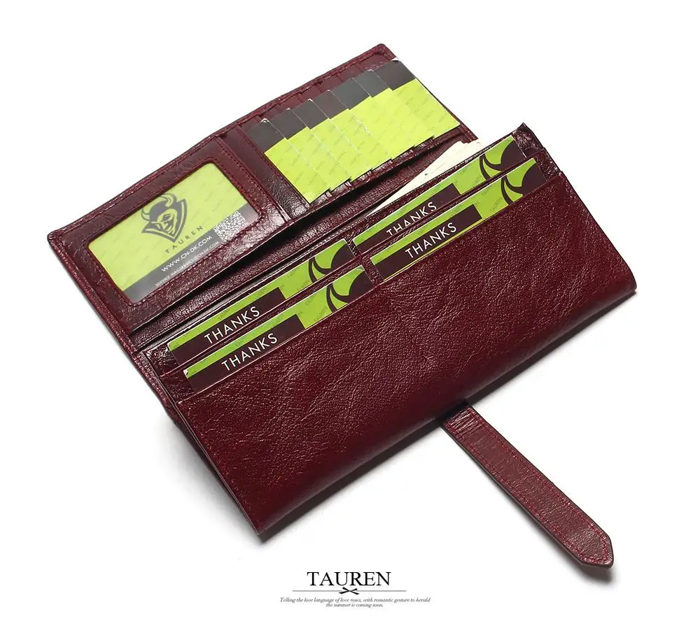 Tauren Retro Wine Red Color Wallets 100% Genuine Cowhide Leather High Quality Women Long Wallet Coin Purse Vintage Designer Male 17