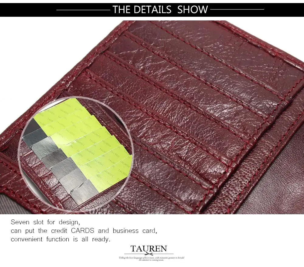 Tauren Retro Wine Red Color Wallets 100% Genuine Cowhide Leather High Quality Women Long Wallet Coin Purse Vintage Designer Male 18