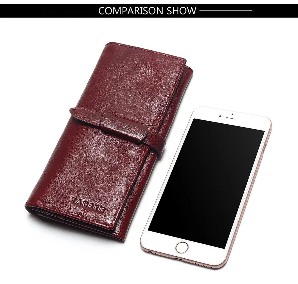 Tauren Retro Wine Red Color Wallets 100% Genuine Cowhide Leather High Quality Women Long Wallet Coin Purse Vintage Designer Male 21