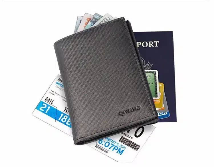 QIWANG Carbon Pattern Real Genuine Leather Men Passport Holder Wallets Case Business Passport Wallet Purse Credit&ID Car Wallet 21