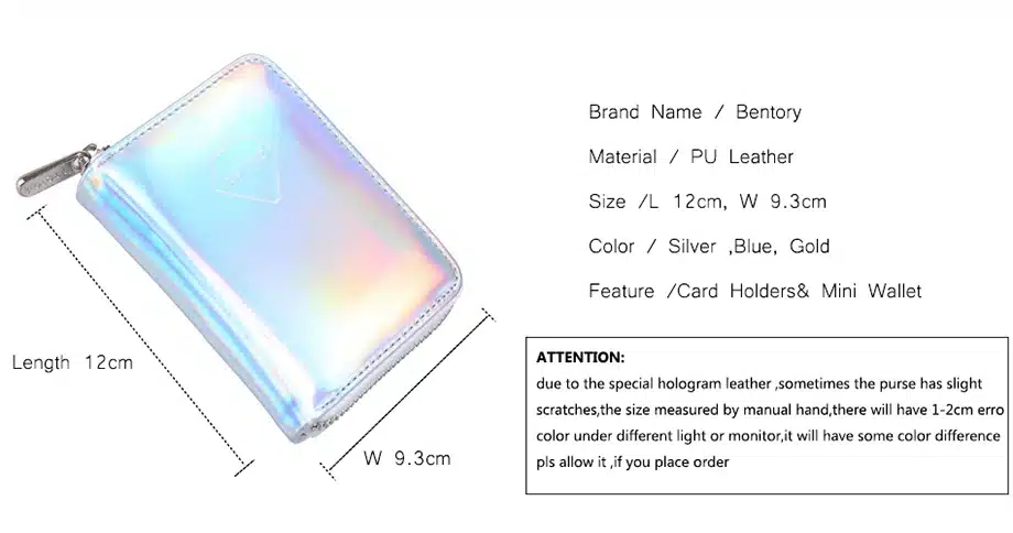 Bentoy Brand Leather Women's Wallet Hologram Money Purse Short Clutch Bank Card Holders Fashion Carteira Feminina Zip Coin Purse 11