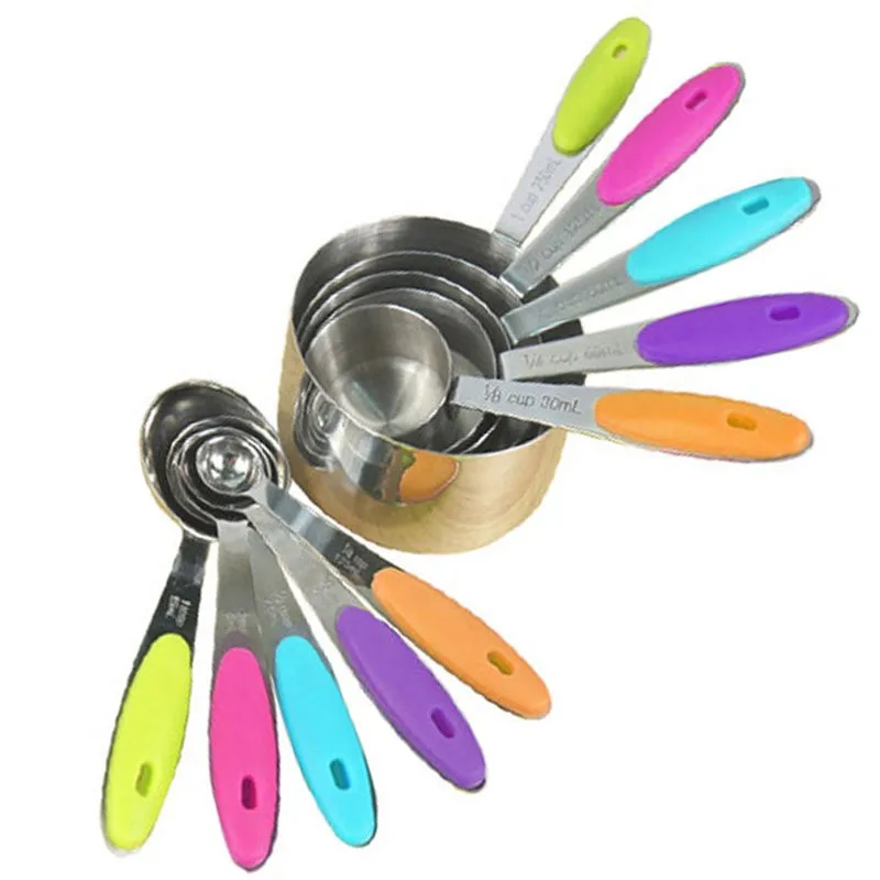 Set of 10pcs Stainless Steel Measuring Cups And Measuring Spoon Scoop Silicone Handle Kitchen Measuring Tool 12