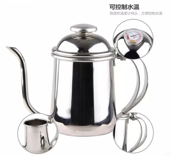 1pcs 0.5L Silver Tea and Coffee Drip Kettle pot with Thermometer stainless steel gooseneck spout Kettle for Barista Kalita syle 3