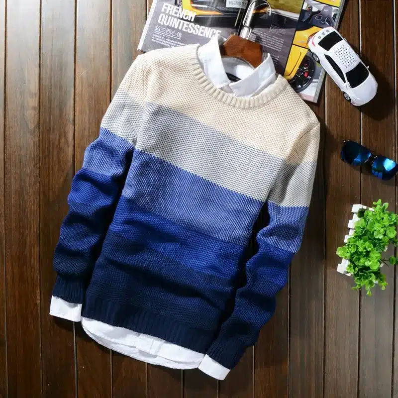 2016 Autumn Winter Wool Striped Sweater Mens Brand Casual Blue Male Sweater O-Neck Slim Fit Knitting Mens Sweaters Pullovers 50 2