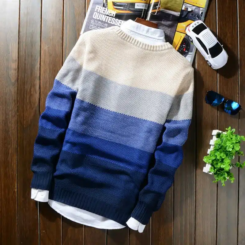 2016 Autumn Winter Wool Striped Sweater Mens Brand Casual Blue Male Sweater O-Neck Slim Fit Knitting Mens Sweaters Pullovers 50 3