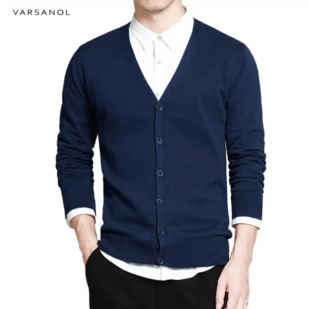 Varsanol Cotton Sweater Men Long Sleeve Cardigan Mens V-Neck Sweaters Loose Solid Button Fit Knitting Casual Style Clothing New 9