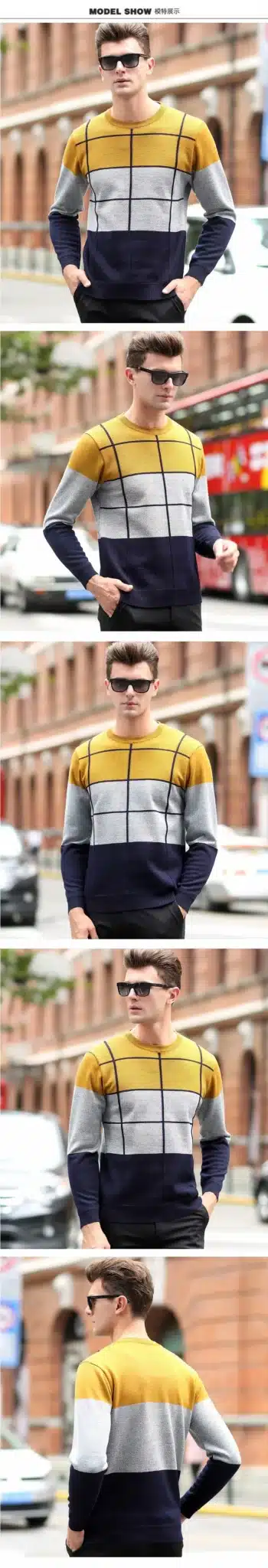Plaid Color Pullover Men O-Neck Sweater Men Long Sleeve Shirt Mens Sweaters Wool Casual Dress Brand Cashmere Knitwear Pull Homme 17