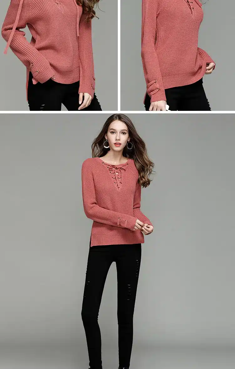 LOSSKY Fashion Lace Up Wool Sweaters Women 2017 Autumn Winter Long Sleeve Warm Pullovers Knitted Christmas Sweater Pull Jumper 3