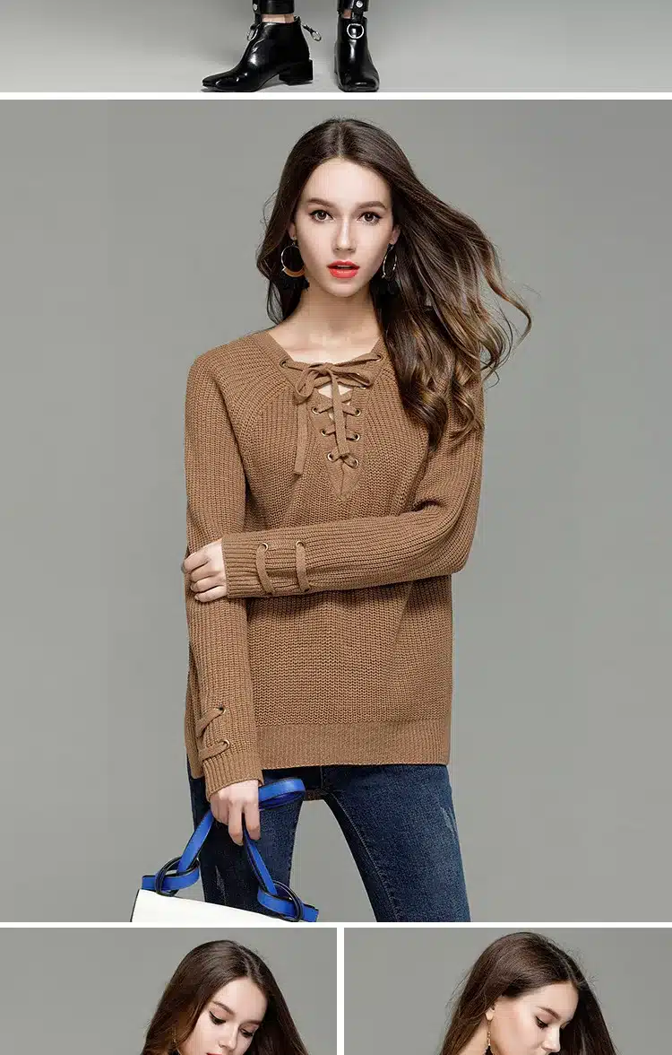 LOSSKY Fashion Lace Up Wool Sweaters Women 2017 Autumn Winter Long Sleeve Warm Pullovers Knitted Christmas Sweater Pull Jumper 4