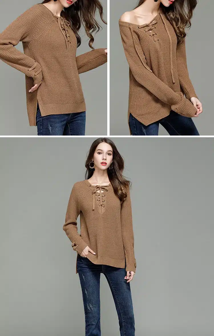 LOSSKY Fashion Lace Up Wool Sweaters Women 2017 Autumn Winter Long Sleeve Warm Pullovers Knitted Christmas Sweater Pull Jumper 5