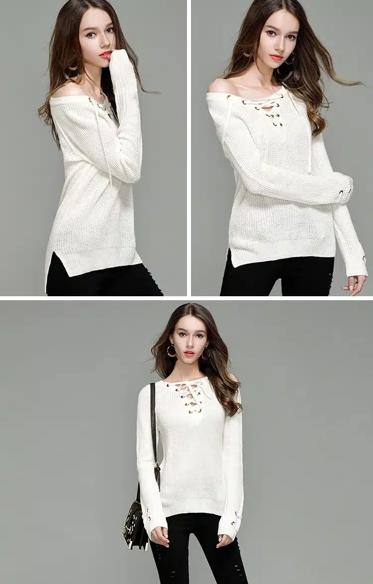 LOSSKY Fashion Lace Up Wool Sweaters Women 2017 Autumn Winter Long Sleeve Warm Pullovers Knitted Christmas Sweater Pull Jumper 7