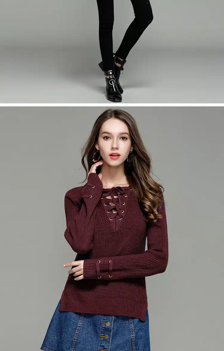 LOSSKY Fashion Lace Up Wool Sweaters Women 2017 Autumn Winter Long Sleeve Warm Pullovers Knitted Christmas Sweater Pull Jumper 8