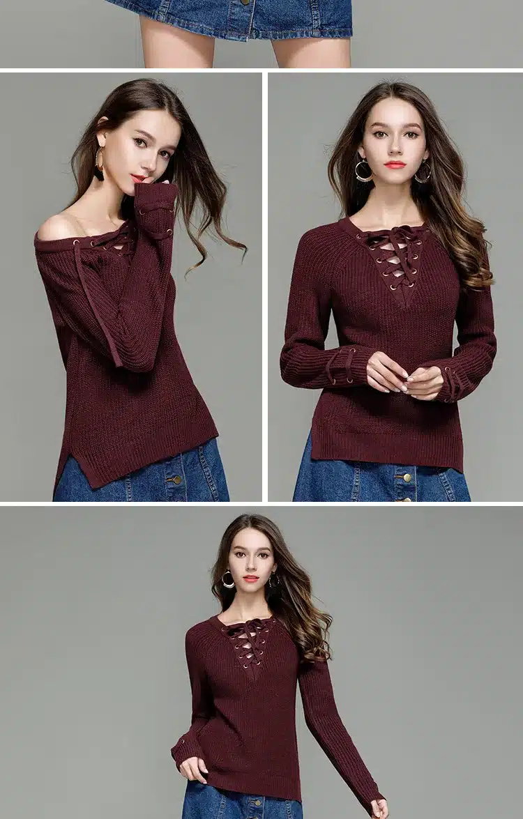 LOSSKY Fashion Lace Up Wool Sweaters Women 2017 Autumn Winter Long Sleeve Warm Pullovers Knitted Christmas Sweater Pull Jumper 9