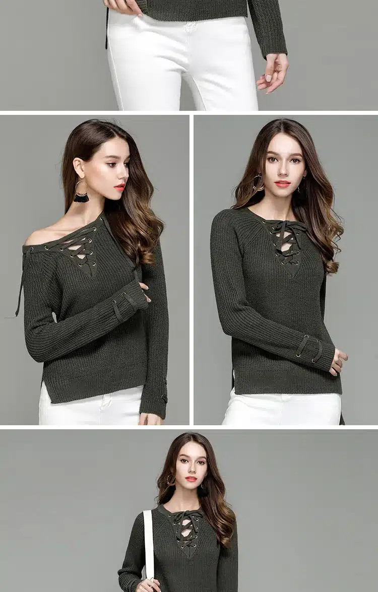 LOSSKY Fashion Lace Up Wool Sweaters Women 2017 Autumn Winter Long Sleeve Warm Pullovers Knitted Christmas Sweater Pull Jumper 11
