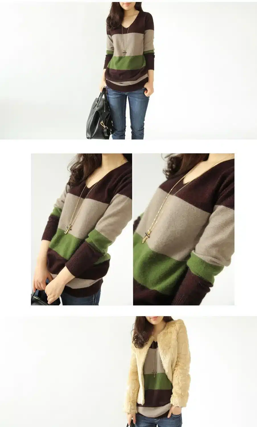 Adohon Womens Sweaters Fashion 2017 Autumn Winter Knitting Sweter Cashmere Dresses Sueter Women Pullovers Tops Stripes Patchwork 3