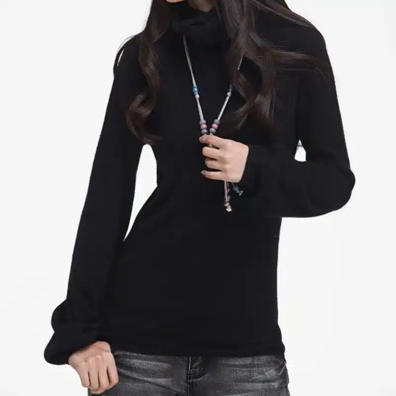 Lafarvie Quality Fashion Cashmere Blended Knitted Sweater Women Tops Winter Autumn Puff Sleeve Turtleneck Female Pullover Jumper 12