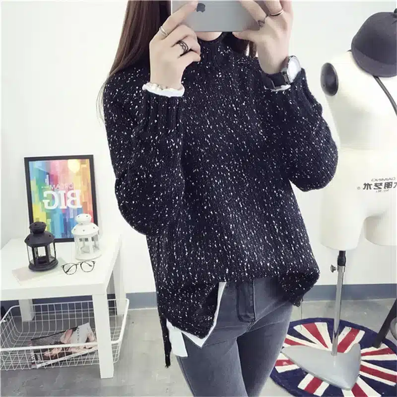 2017 Spring Women Wool Loose Knitted Casual Sweater Choker Dot Long Sleeve Fashion Thickening Stretch Girl's Pullover 34